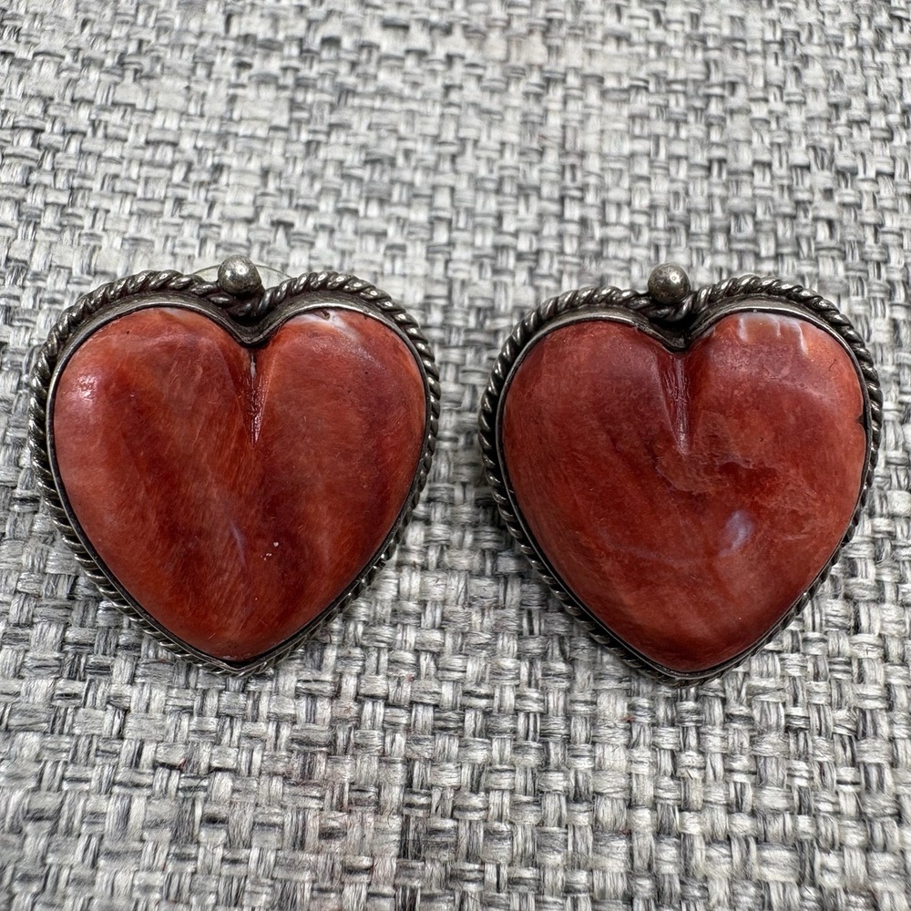 D.M. Lee Sterling Silver Red Spiny Oyster Heart Post Earrings Native American